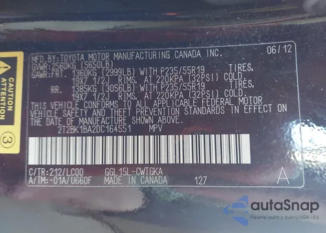 2013 Lexus Rx 350 z USA, uszkodzony, nr VIN 2T2BK1BA2DC164551